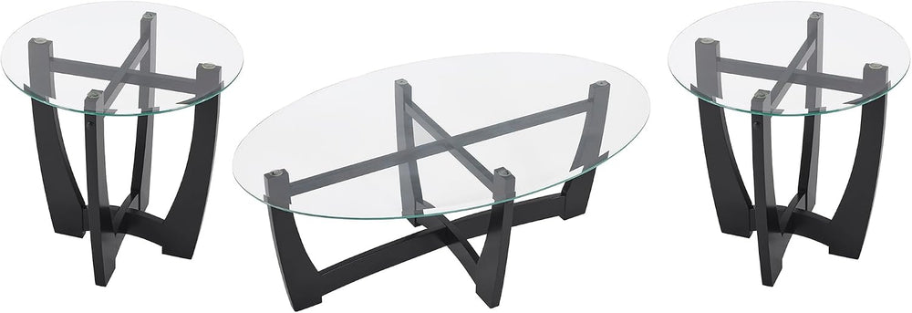 Round End Table with Clear Tempered Glass Top, Black Wood Base, 23.5 Inch, Co...