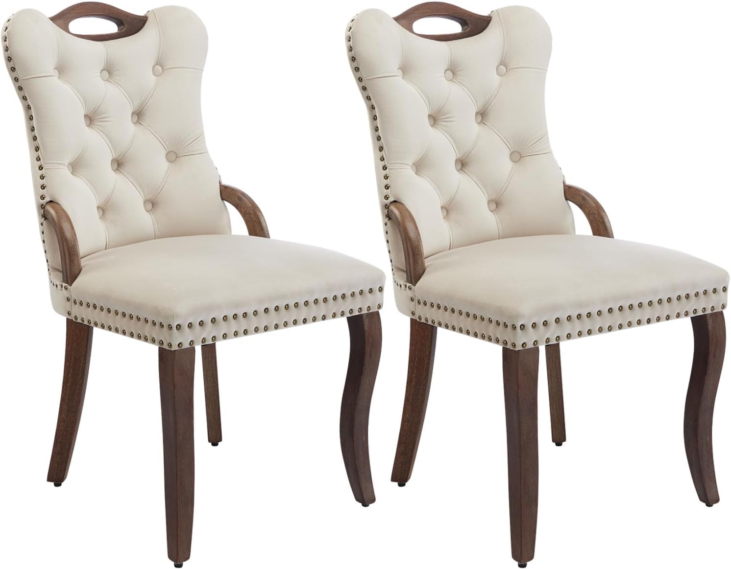 Shenyon Beige Velvet Dining Chairs Set of 2，Modern Upholstered Dining Room Chairs with Tufted Back and Wood Handles, Curved Solid Wood Legs, Sillas de Comedor