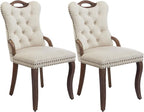 Beige Velvet Dining Chairs Set of 2，Modern Upholstered Dining Room Chairs with Tufted Back and Wood Handles, Curved Solid Wood Legs, Sillas de Comedor