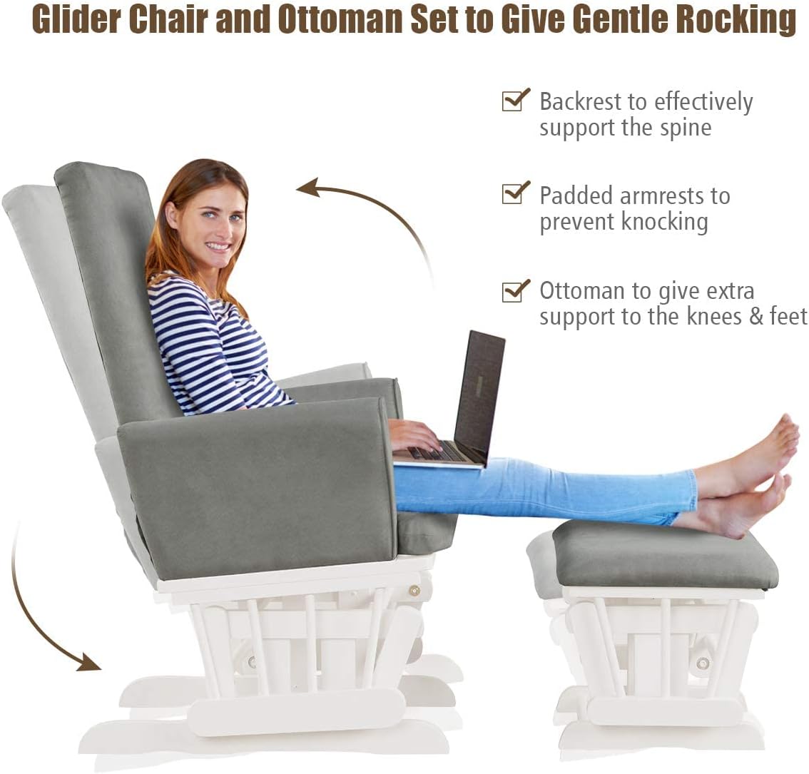 Costzon Baby Glider and Ottoman Cushion Set, Wood Baby Rocker Nursery Furniture for Napping, Nursing, Reading, Upholstered Hoop Glider & Ottoman Comfort Nursery Chair w/Padded Armrests (Gray)