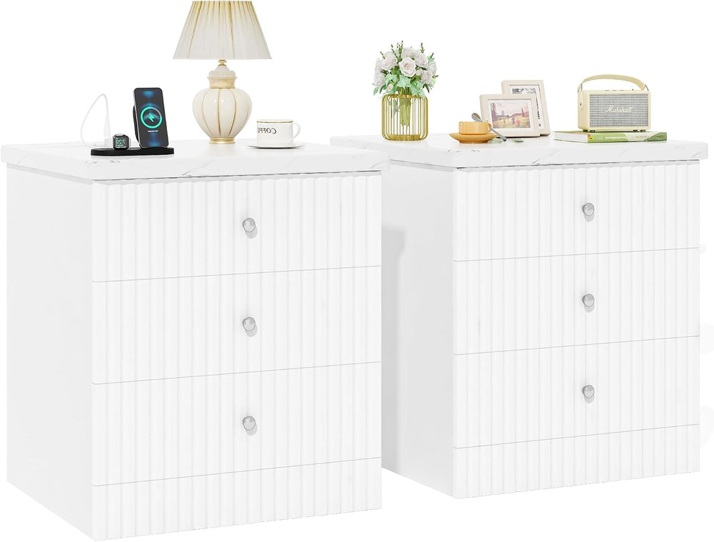 AWQM White Nightstand Set of 2, Night Stand with Charger Station and 3 Drawer...