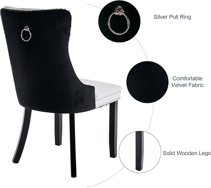 Dining Chairs Set of 2, Upholstered Tufted Dining Room Chairs with High Back, Nailhead Trim and Solid Wood Legs, Modern Dining Chair for Dining Room, White Pu Leather Splicing Black Velvet
