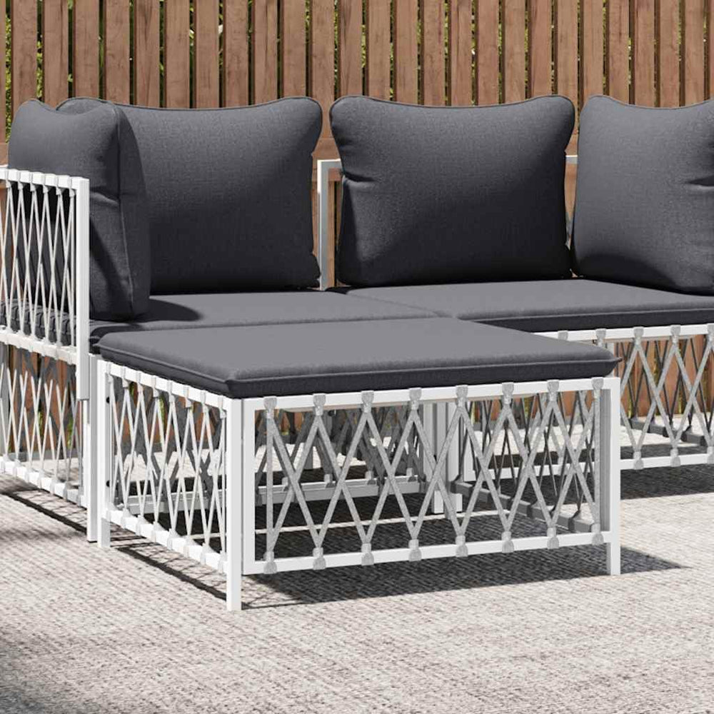 Patio Footstool with Cushion, White Woven Fabric Garden Ottoman, Powder-Coate...