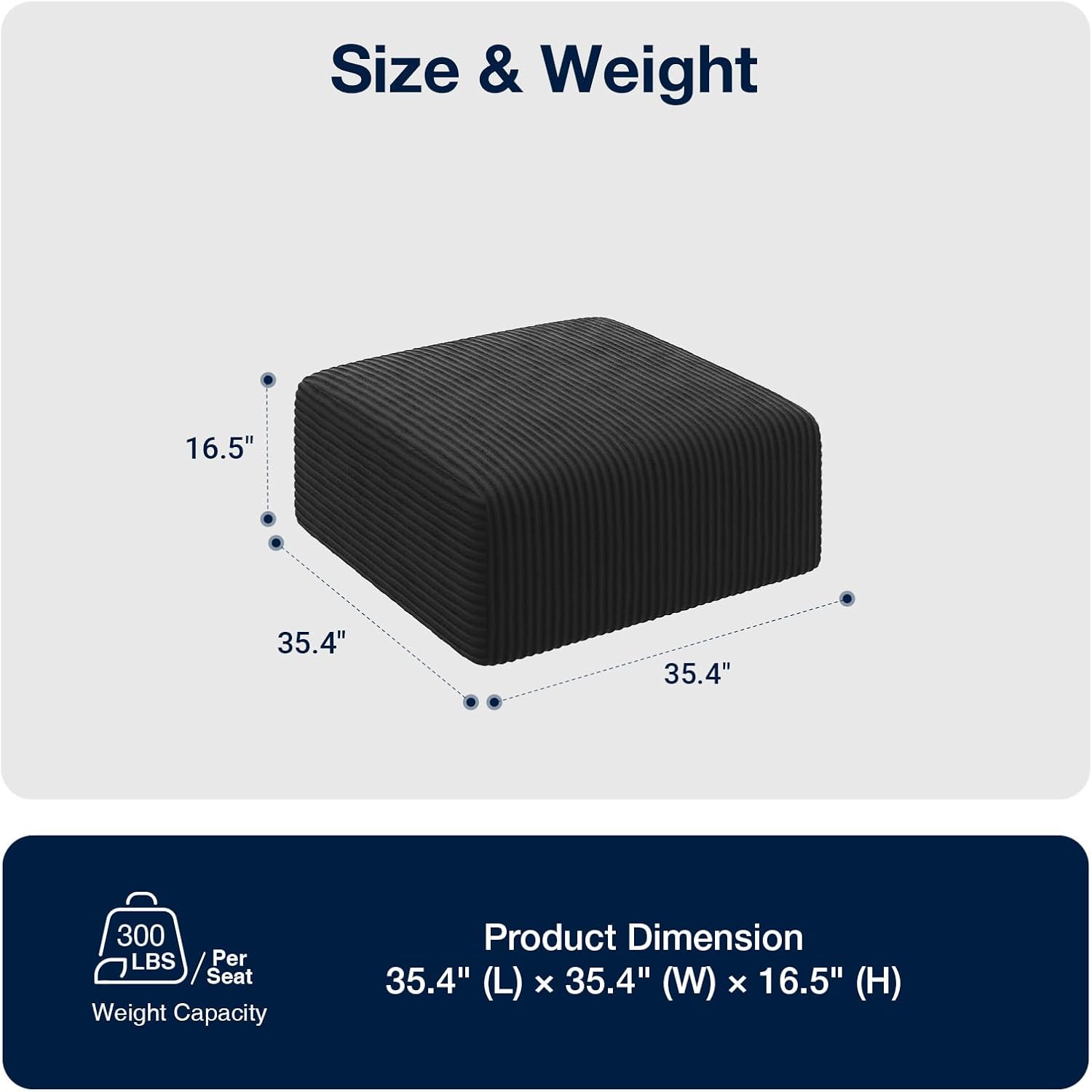 Avenco 35.4” Modular Ottoman, Corduroy Fabric, Zero Assembly Multifunctional Footrest or Extra Seat for Sectional Sofa, Black