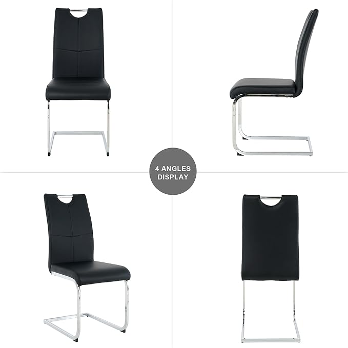 Goujxcy Dining Chairs Set of 4, Modern High Back Kitchen Chairs with Metal Legs and Faux Leather Padded Seat Upholstered Dining Chairs for Dining & Kitchen,Living Room (Black&Silver, Set of 4)