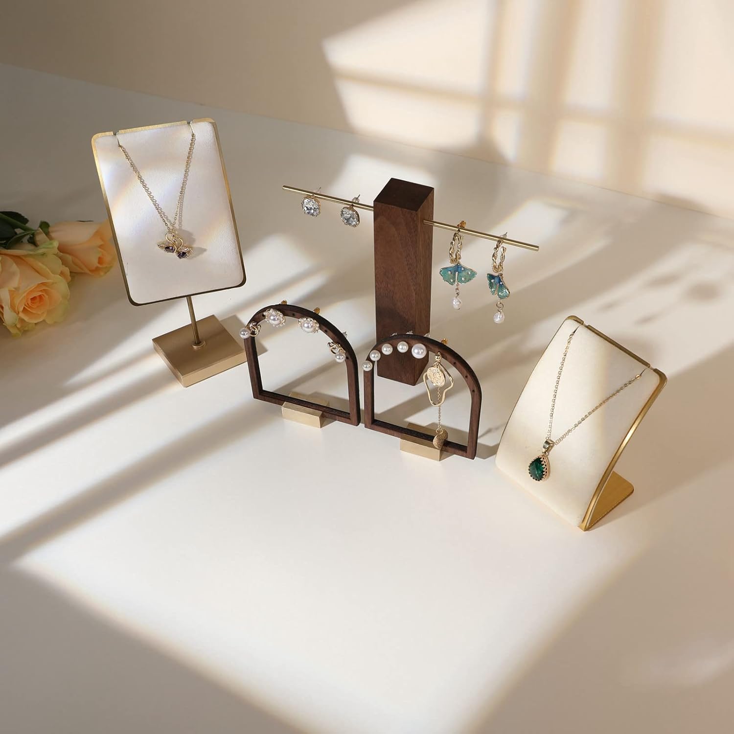 GemeShou 3pcs Wooden stud earring organizer holder, walnut earring hangers with brass base, Small Cute earring display for selling with 9 holes for each【Arch frame-3pcs】