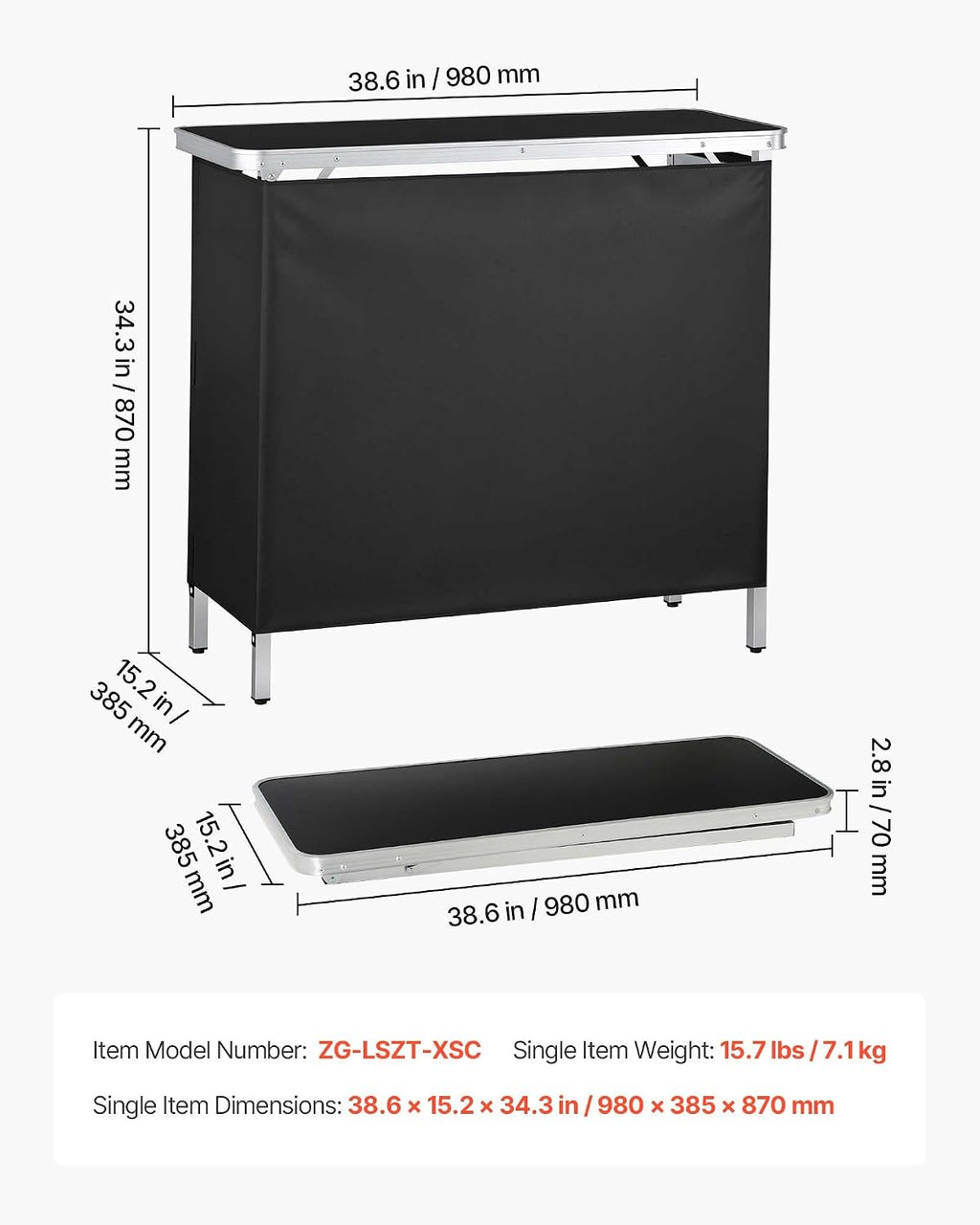 VEVOR Folding Portable Bar Table, 38.6 x 15.2 x 34.3 in, with Carry Bag, Storage Shelf, and Detachable Skirt, Quick and Easy Setup, Foldable Mobile Bartending Station for Events, Party, Tradeshow
