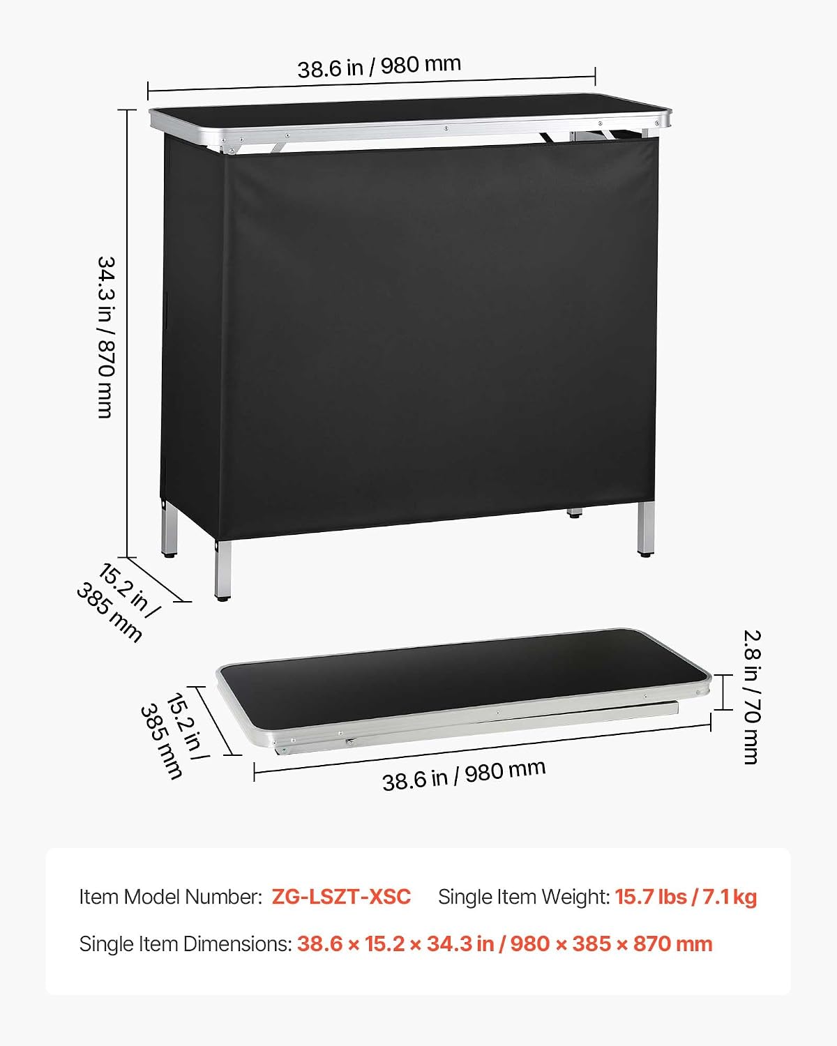 VEVOR Folding Portable Bar Table, 38.6 x 15.2 x 34.3 in, with Carry Bag, Storage Shelf, and Detachable Skirt, Quick and Easy Setup, Foldable Mobile Bartending Station for Events, Party, Tradeshow