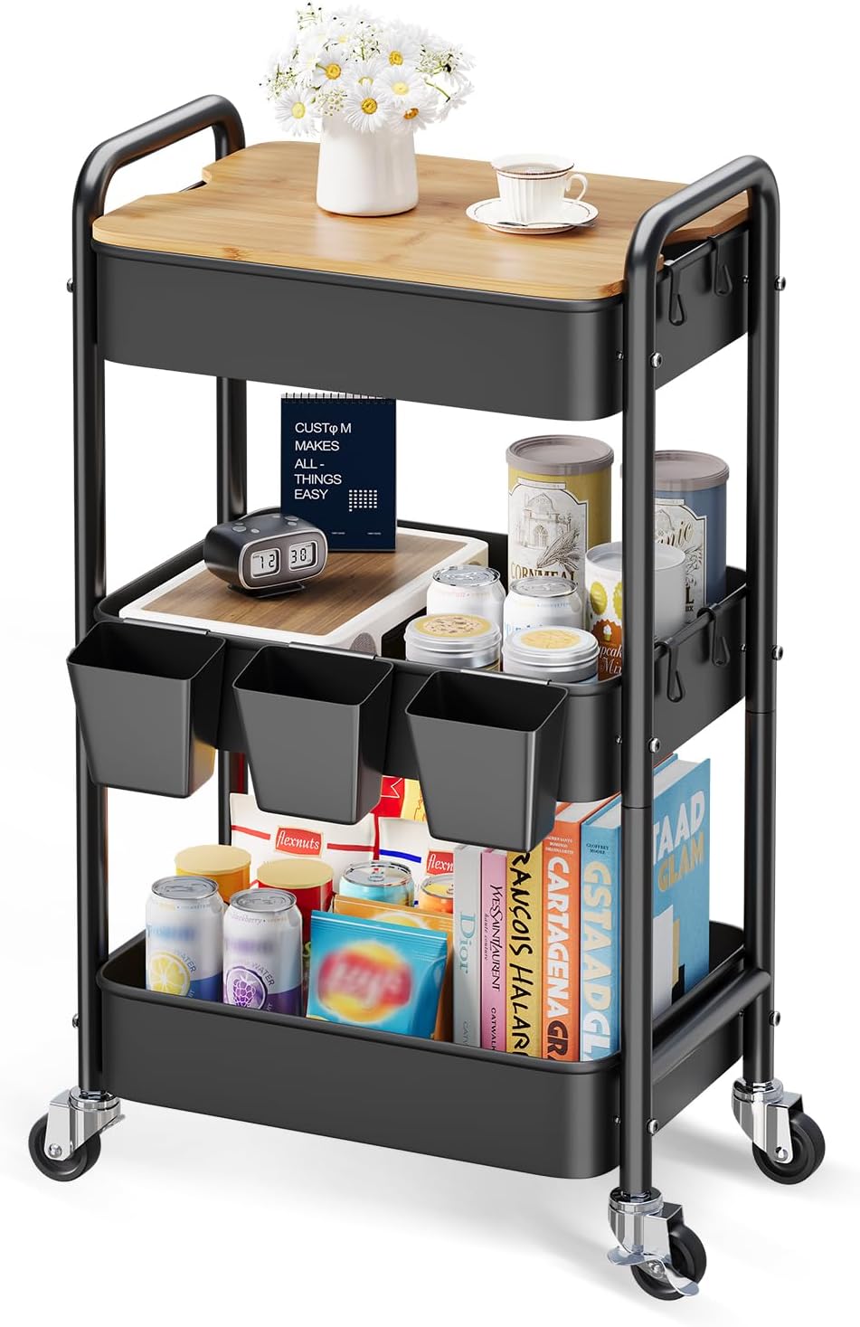 3 Tier Storage Rolling Cart with Wood Table Top on Lockable Wheels（Black）