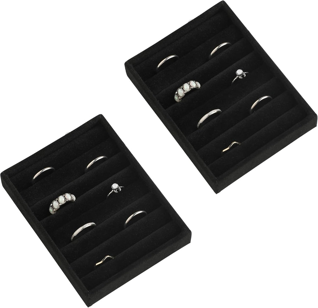 Frebeauty Small Jewelry Tray Set,Velvet Ring Organizer,Stackable Jewelry Organizer Tray,Mini Jewelry Drawer Organizer,4.92 x 3.74 x 0.9 Inches,7 Slots Ring Tray for Women (Set 2,Black)