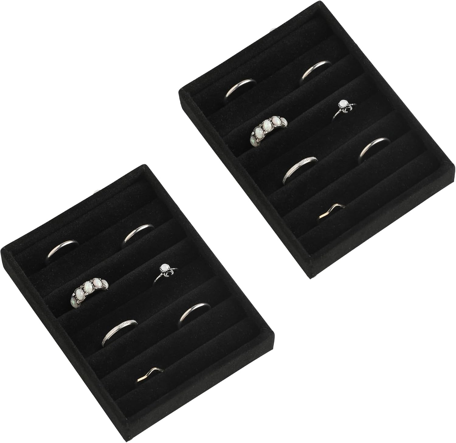 Frebeauty Small Jewelry Tray Set,Velvet Ring Organizer,Stackable Jewelry Organizer Tray,Mini Jewelry Drawer Organizer,4.92 x 3.74 x 0.9 Inches,7 Slots Ring Tray for Women (Set 2,Black)
