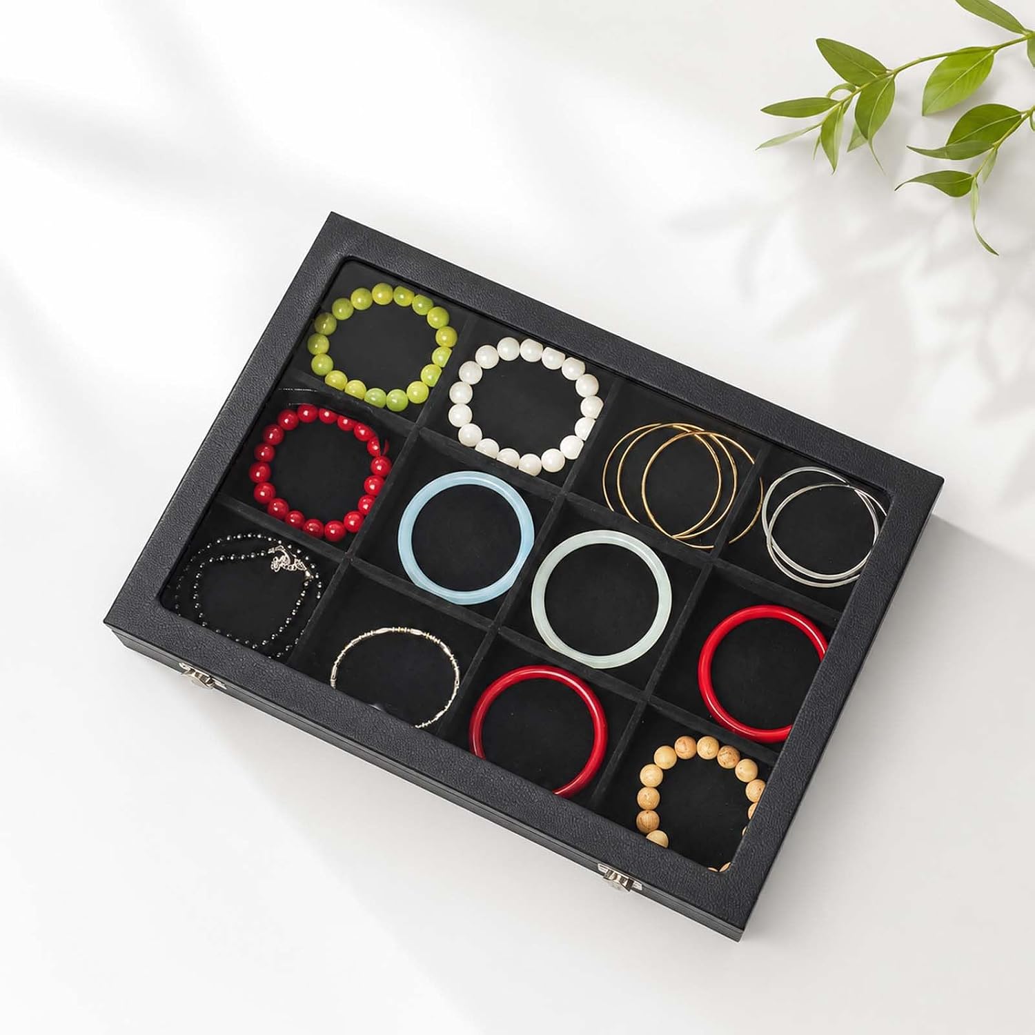 Black 12 Grid Jewelry Organizer Display Box with Transparent lid Bracelets Display Case Bracelet Box with Clasp Bangle Organizer Drawer Insert Bangle Brooch,Gift for Women Girls(12 Grid)