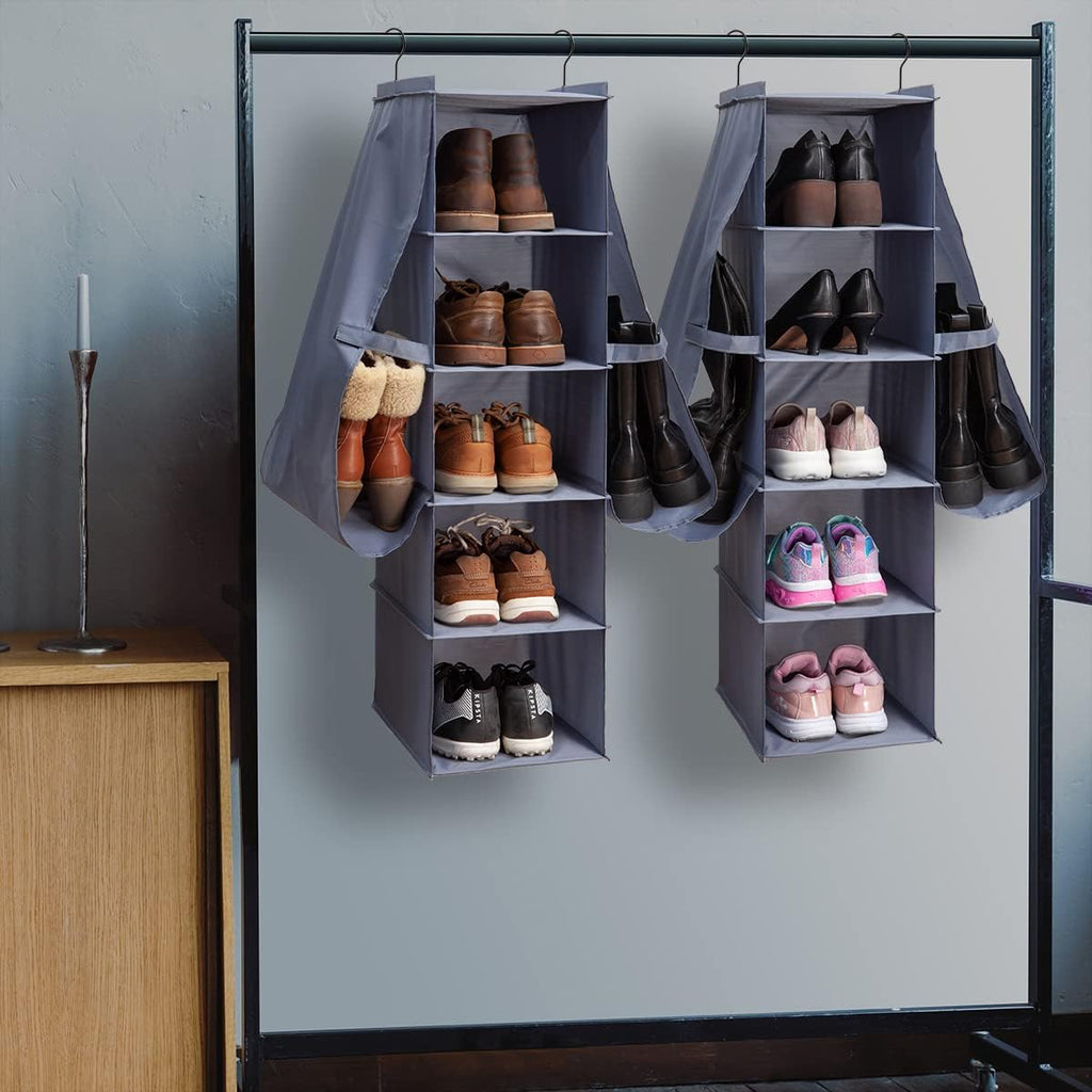 Hanging Shoe Organizer for Closet Footwear Boots Storage Shelf | Hang Closet Organization Storing Shelves Rack Display Shoes Boots Clothes 10-Shelf 4 Pockets Space Saver Oxford Cloth 2 Pack