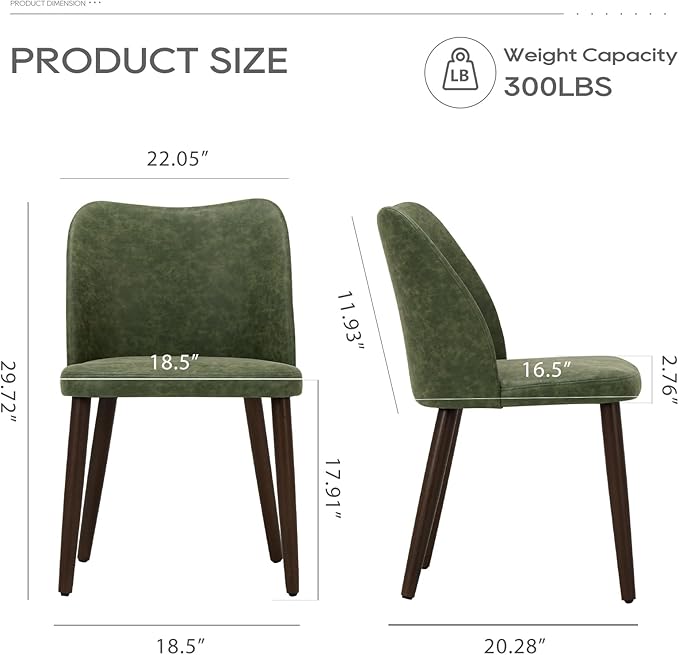 COLAMY Upholstered Dining Chairs Set of 2, Modern PU Leather Dining Room Kitchen Side Chair with Padded Seat and Wood Legs Restaurant/Cafe, Green