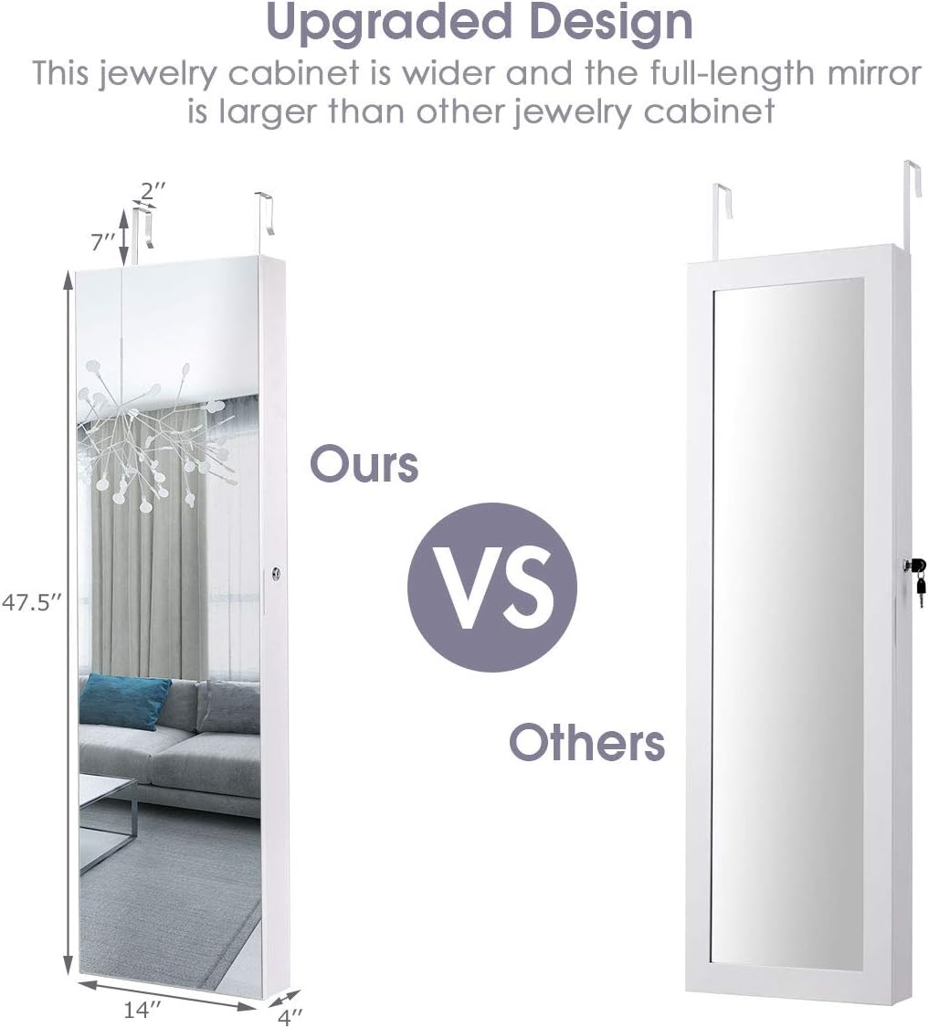 Byroce 47.5''H Jewelry Armoire, Over the Door/Wall Mounted, Full Length Mirror with Jewelry Storage, 2-LED Lockable Jewelry Cabinet with 2 Drawers, Hanging Jewelry Organizer for Bedroom (White)
