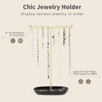 Elegant Jewelry Holder Stand: Metal Tree & Ceramic Tray Organizer for Necklaces, Rings, Earrings - Durable, Rustproof Display Holder Easy to Access Deluxe Black