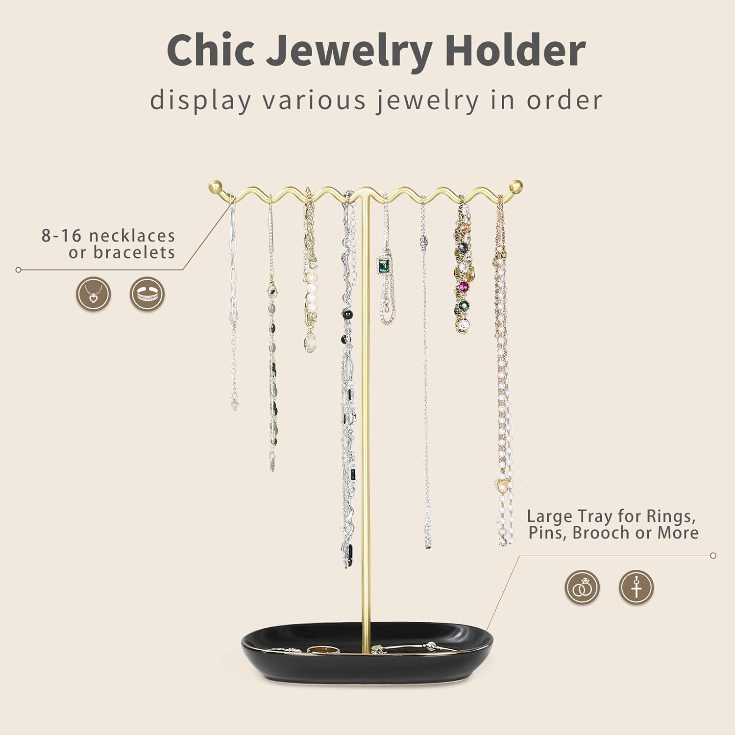 Elegant Jewelry Holder Stand: Metal Tree & Ceramic Tray Organizer for Necklaces, Rings, Earrings - Durable, Rustproof Display Holder Easy to Access Deluxe Black