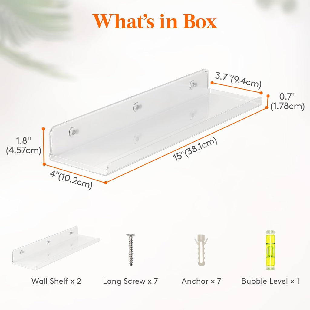Lifewit Floating Shelves for Wall, 2 Pack 15" Clear Acrylic Shelf Room Decor for Book/Figures/Photo/Makeup in Bathroom, Book Shelf, Living Room, Bedroom, Kitchen Storage and Organization