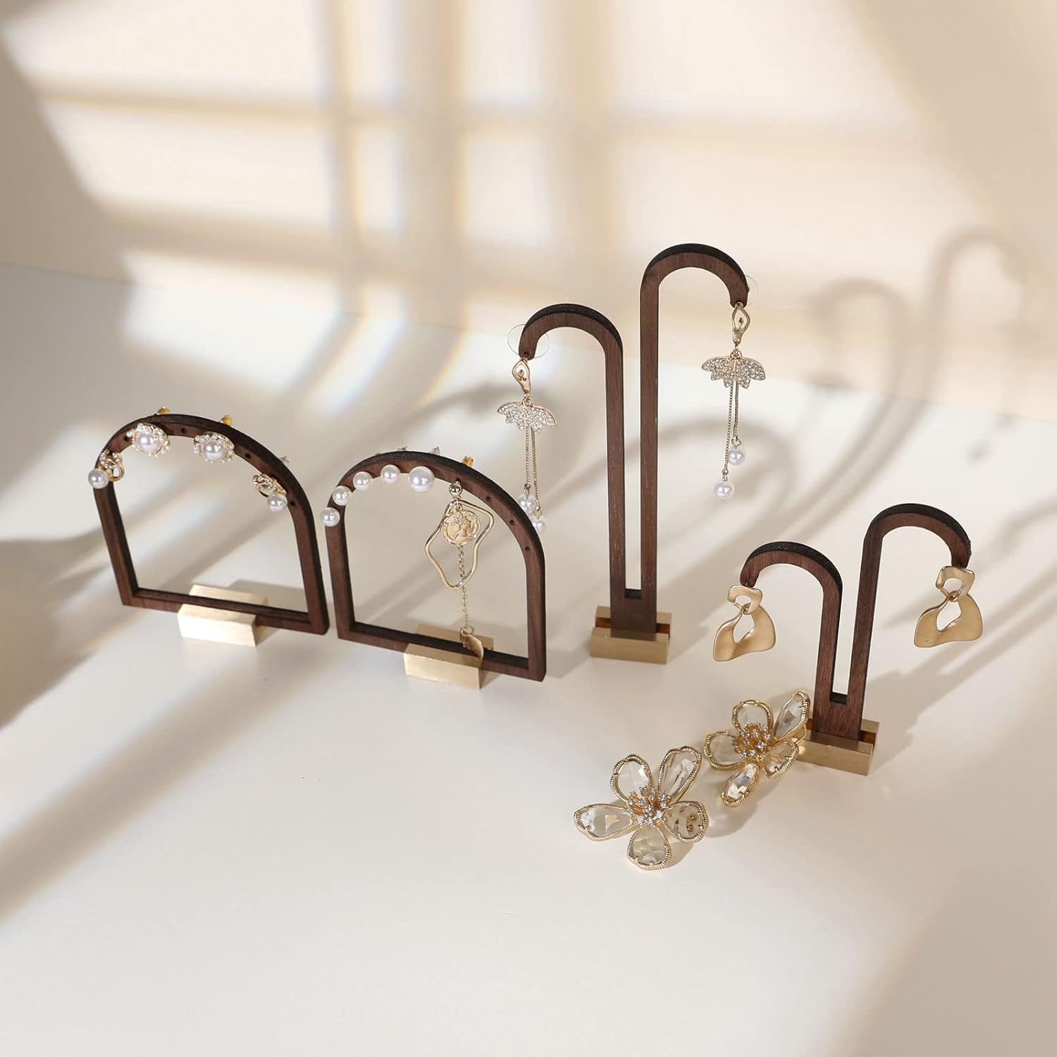 GemeShou 3pcs Wooden stud earring organizer holder, walnut earring hangers with brass base, Small Cute earring display for selling with 9 holes for each【Arch frame-3pcs】