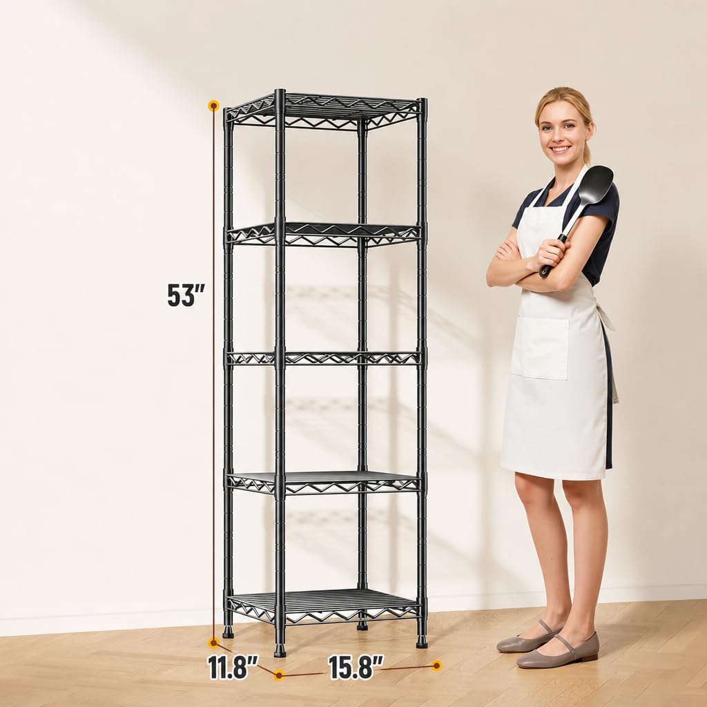 GRANNY SAYS 5-Tier Narrow Storage Shelves for Small Spaces – 15.8" W Metal Shelving Unit, Adjustable Wire Shelf, Freestanding Storage Rack for Bathroom, Laundry, Kitchen Pantry, Garage, Black