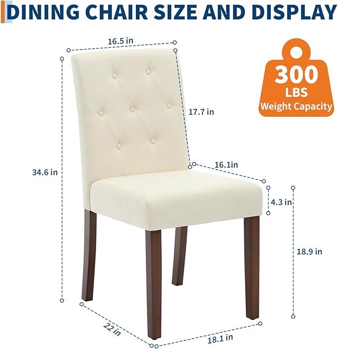 Dining Chairs Set of 2, Upholstered Modern Fabric Kitchen Side Chairs with Sturdy Wood Legs, Parsons Design, Comfortable Soft Linen for Dining Room, Restaurant, Cafe, Beige