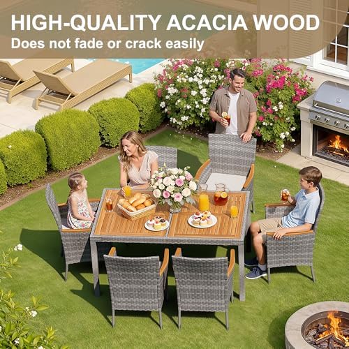 Devoko 7 PCS Acacia Wood Patio Dining Set, Gray Rattan