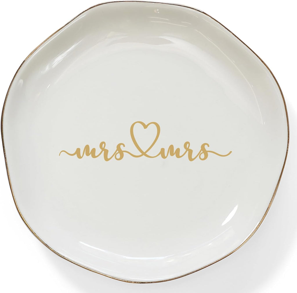 HOME SMILE Mrs and Mrs Gifts，Wedding Gifts for Couples,Ring Dish,Ceramic White