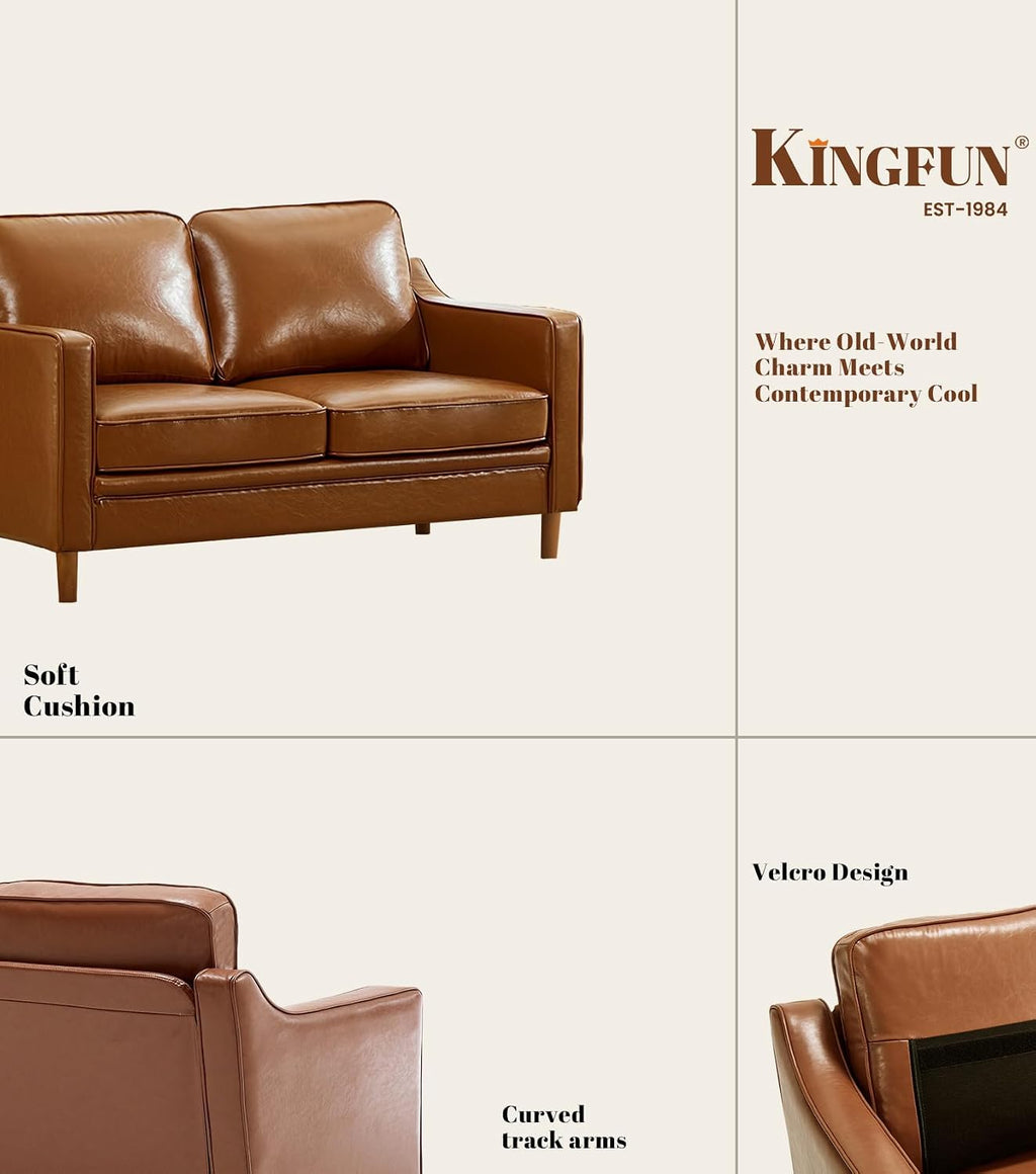 60" Faux Leather Sofa, Loveseat Couch, Mid Century Modern Love Seat Couches with Solid Wood Frame for Living Room Bedroom