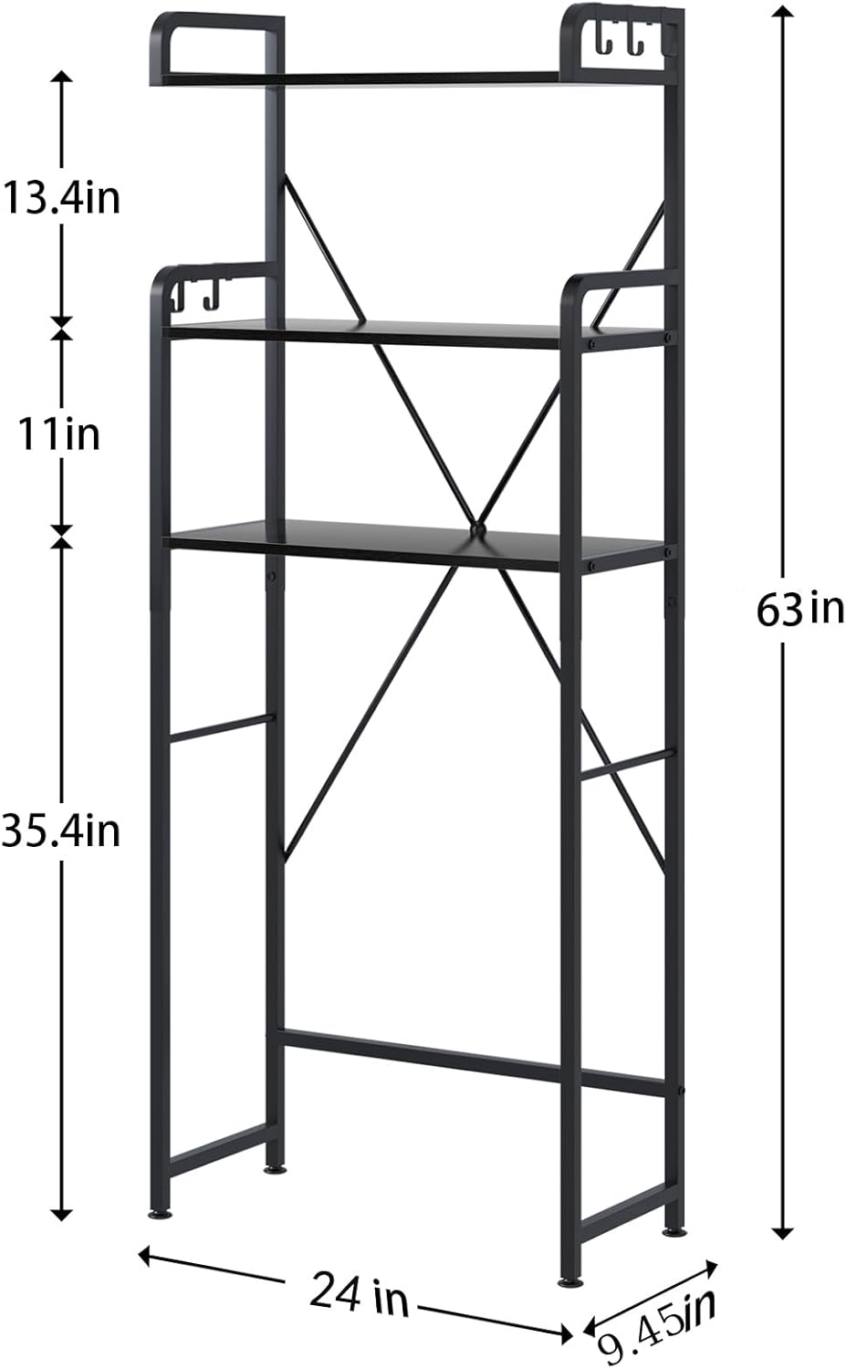 Over-The-Toilet Storage Rack with 3-Tier Shelves, Space Saver Toilet Shelf, Bathroom Storage Organizer with Hooks for Over-Toilet Storage (Black)