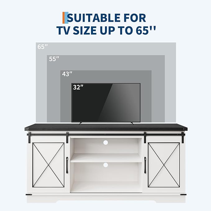 IDEALHOUSE Farmhouse TV Stand for TV up to 65 Inch, Entertainment Center with Sliding Barn Doors and Adjustable Shelves, Mid Century Modern Media Console Table for Living Room, White & Black