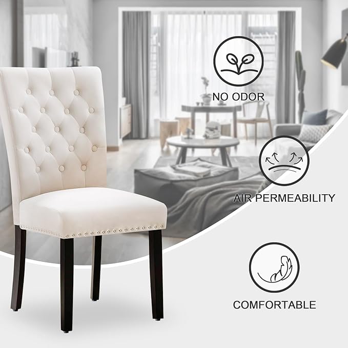 Velvet Dining Kitchen Chair Set of 6, Parsons Upholstered Dining Room Chair, Wood Accent Chair with Nailed Trim, Beige