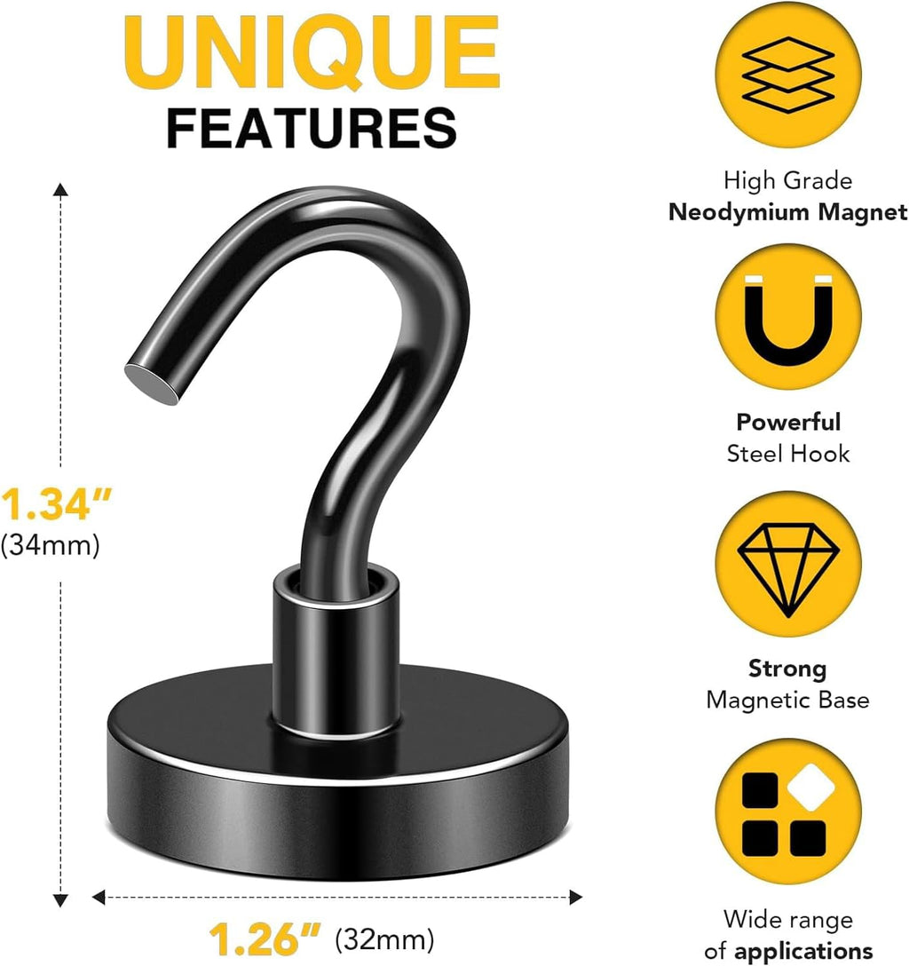 DIYMAG Black Magnetic Hooks, 120 LB Heavy Duty Strong Magnets with Hook, Rare Earth Neodymium Magnet for Cruise Cabins Ship Essentials 12 Packs