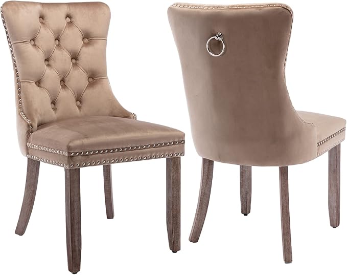 Upholstered Dining Chairs Set of 2, Velvet Dining Room Chairs with Back Ring Pull Trim and Solid Wood Legs, Tufted Wingback Kitchen Chair Perfect for Dining Room,Living Room,Kitchen(Khaki)