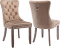 Upholstered Dining Chairs Set of 2, Velvet Dining Room Chairs with Back Ring Pull Trim and Solid Wood Legs, Tufted Wingback Kitchen Chair Perfect for Dining Room,Living Room,Kitchen(Khaki)
