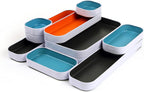 Three by Three Seattle 10 Piece Metal Organizer Tray Set for Storing Makeup, Stationery, Utensils, and More in Office Desk, Kitchen and Bathroom Drawers (1 Inch, Gray, Sky Blue, Orange)