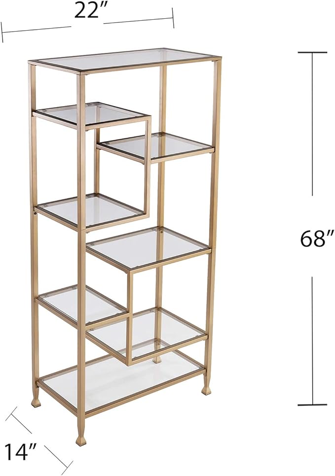SEI Furniture Jaymes Metal/Glass Asymmetrical Étagère/Bookcase, Gold