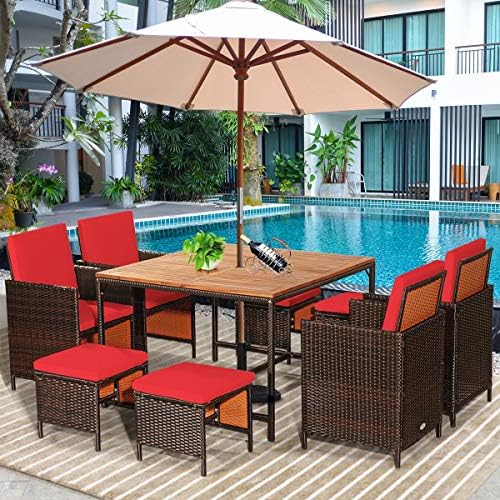 Tangkula 9 Pieces Acacia Wood Patio Dining Set, Space Saving Wicker Chairs an...