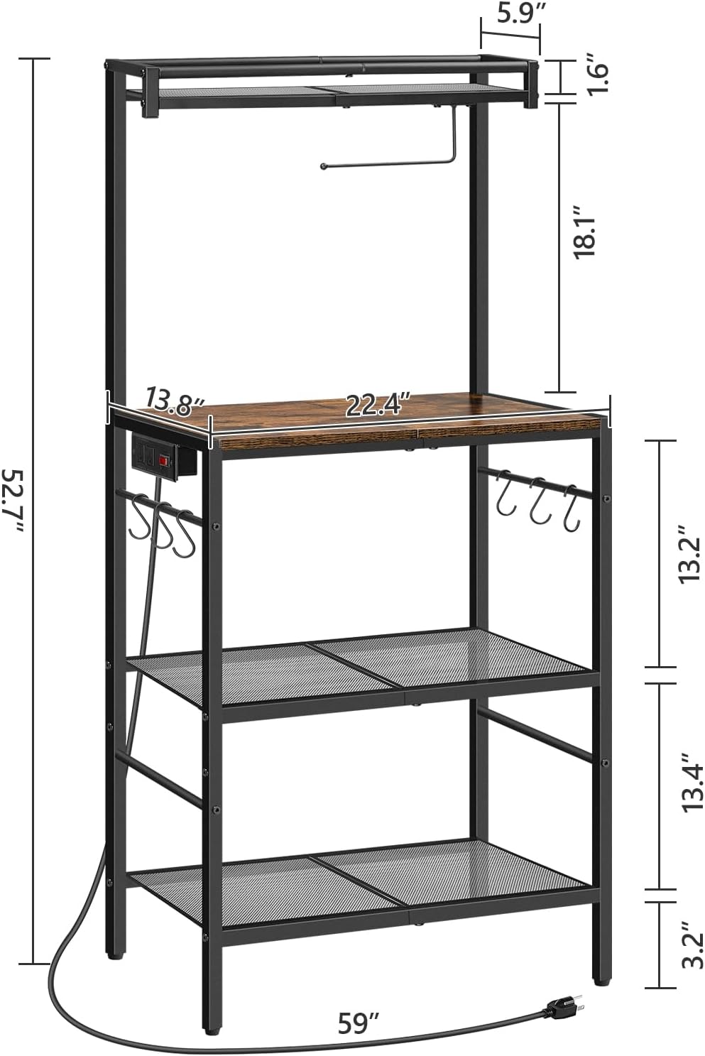 MAHANCRIS Bakers Rack with Storage, Microwave Stand with Paper Holder, Bakers Rack with Power Outlet, Coffee Bar Station with 6 Hooks, for Kitchen, Dining Room, Rustic Brown and Black BRHR36E01
