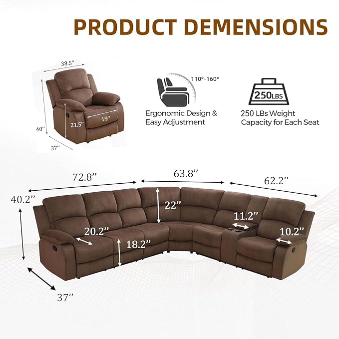 Manual Recliner Sectional Sofa Set, Fabric L-Shaped Living Room Furniture Sets, Reclining Sectional Corner Couch and 2 Reclining Chairs Set for Home Office (Brown, Sectional + 2 Chairs)