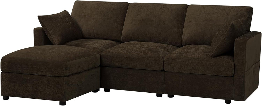 84” Chenille 3-Seats Sofa W/Movable Ottoman, Brown | Modern Fabric L-Shaped C...