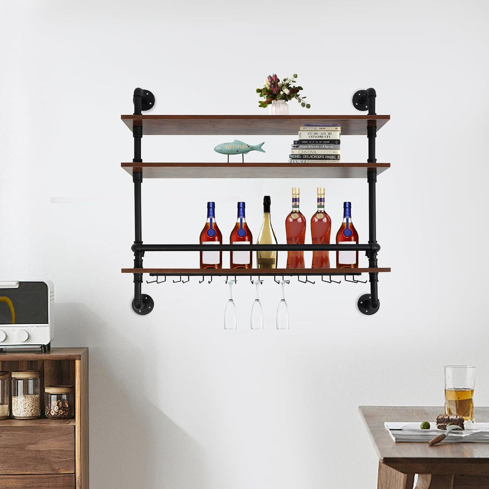 36in Rustic Metal Floating Bar Shelves Wall Mounted, 3-Tier Industrial Pipe S...