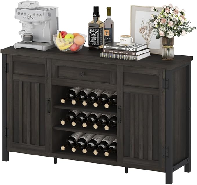 FATORRI Industrial Coffee Bar Cabinet with Drawer and Wine Rack, Sideboard Buffet Storage Cabinet with Door, Farmhouse Credenza Cupboard for Kitchen (Walnut Brown)