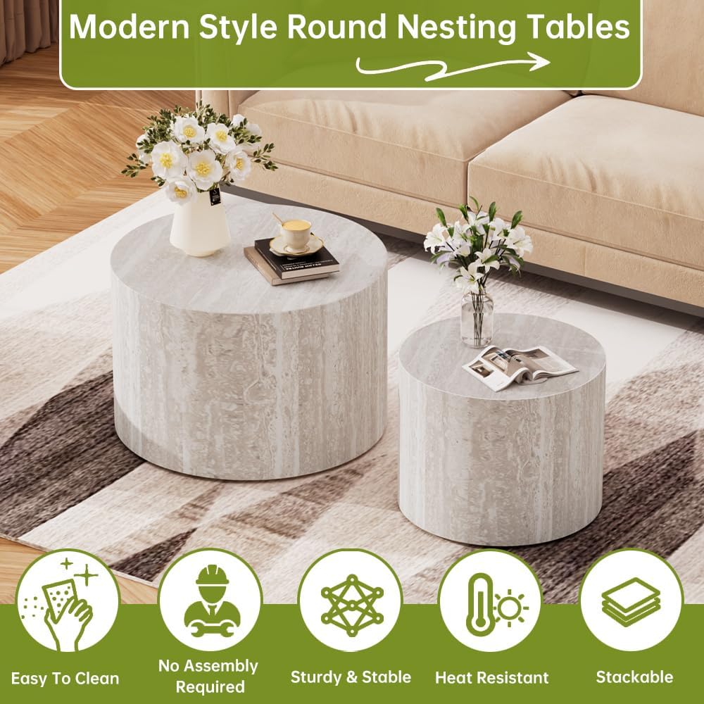 18 inch Round Travertine Nesting Coffee Table Set of 2, Terrazzo | Travertine...