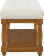 24KF Large Rectangular Upholstered Tufted Bed Bench, Linen Fabric Storage Ottoman Bench for Living Room, Padded Entryway Bench with Solid Wood Shelf,5098-Ivory