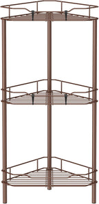 3 Tier Floor Standing Corner Shower Caddy Organizer Shelf with Hooks, Bathroom Shelves Stand Rack, Coffee