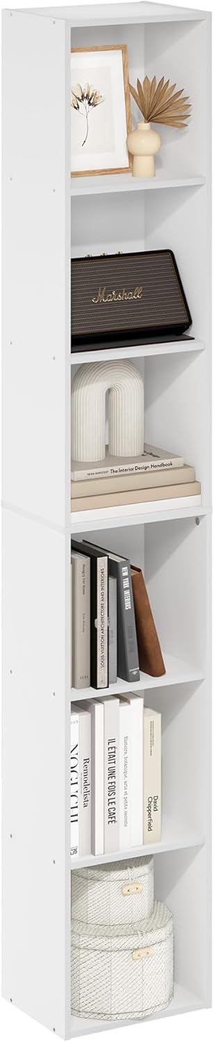 Furinno LUDER Book Shelf, 6-Tier Tall Modern Bookshelf, Bookcase with Open Shelves, 9.3 x 12 x 71, for Living Room, Bedroom, Home Office, White