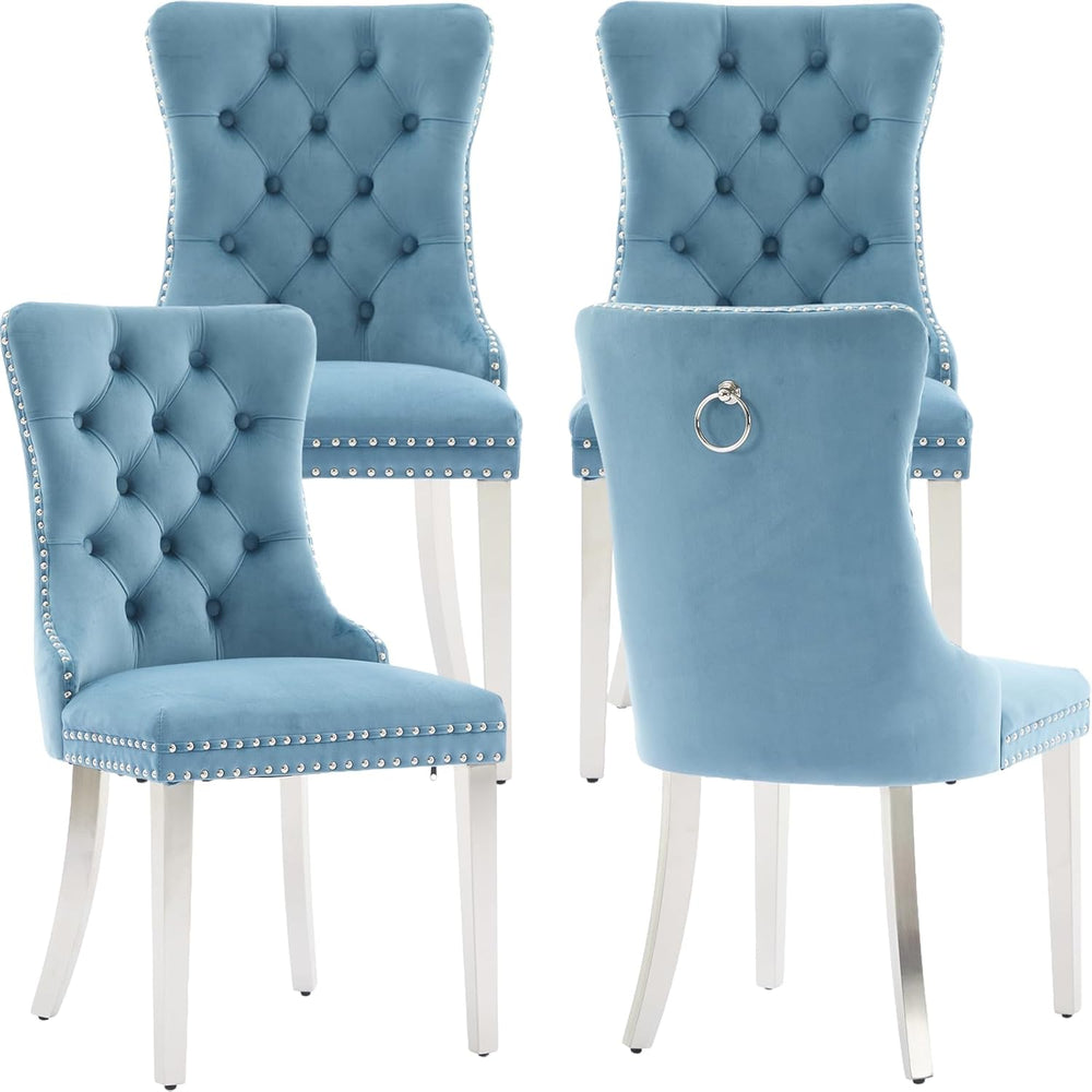 Velvet Dining Chairs Set of 4, Tufted Upholstered High Wingback Chairs with N...
