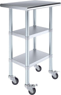 AmGood Stainless Steel Work Table with 2 Shelves and Casters | Metal Utility Table On Wheels (Stainless Steel Work Table with 2 Shelves + Casters, 24" Long x 18" Deep)