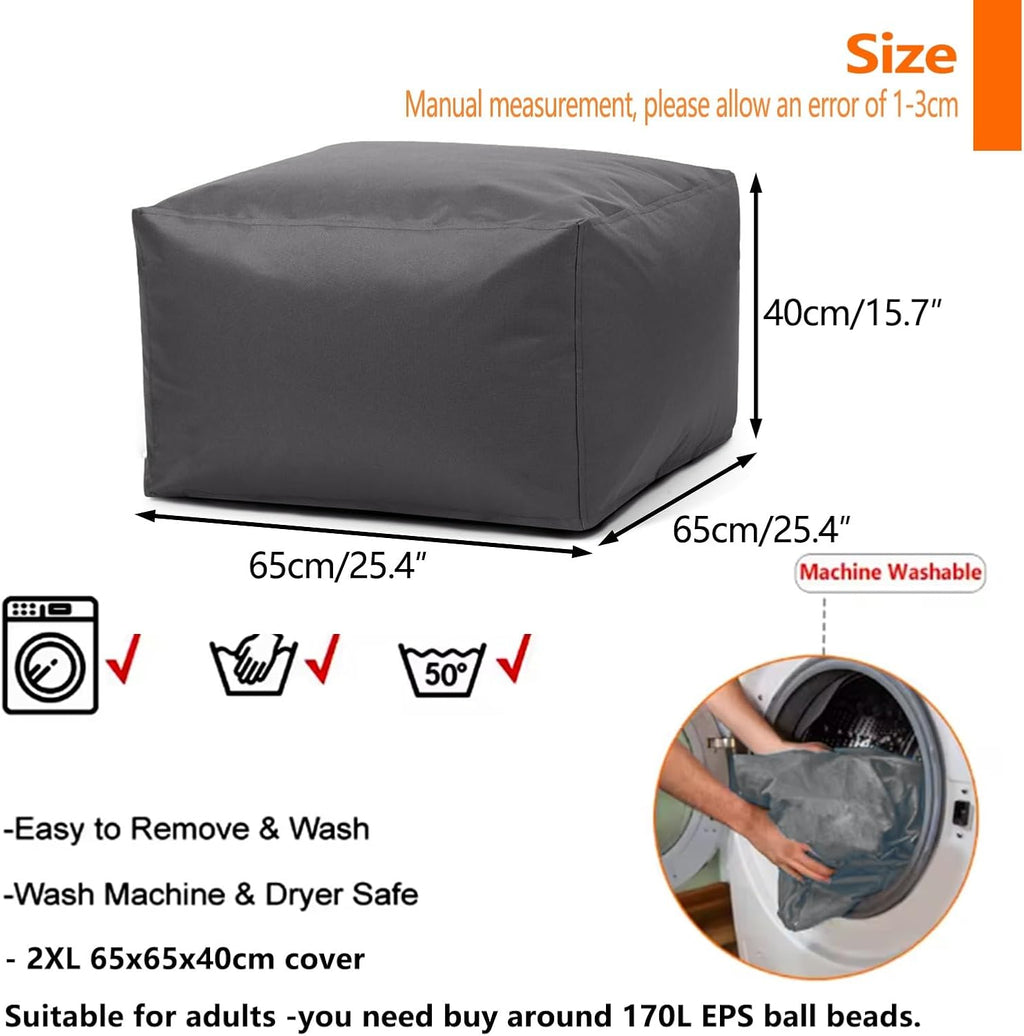 SXBCyan Waterproof Square Pouf Ottoman Cover Footstool Without Filler Outdoor Beach Garden Beanbag Pouf Puff Salon Floor Seat Futon Stool Bench (Color : Gray, Size : 3XL-60x60x40cm-cover)