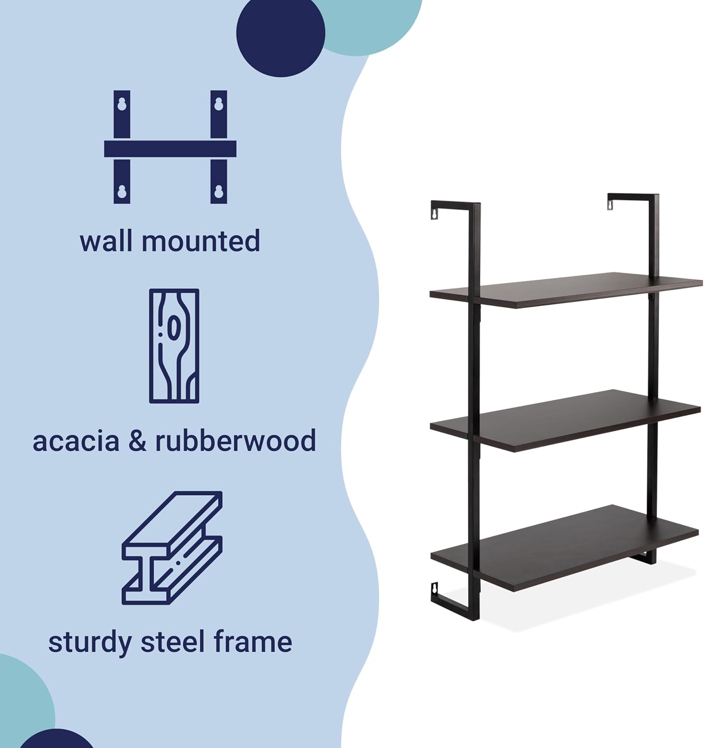 happimess MSH1000A Madera 40.55" Classic Industrial 3-Shelf Wood Wall-Mounted Open Ladder Bookcase with Metal Frame, Black